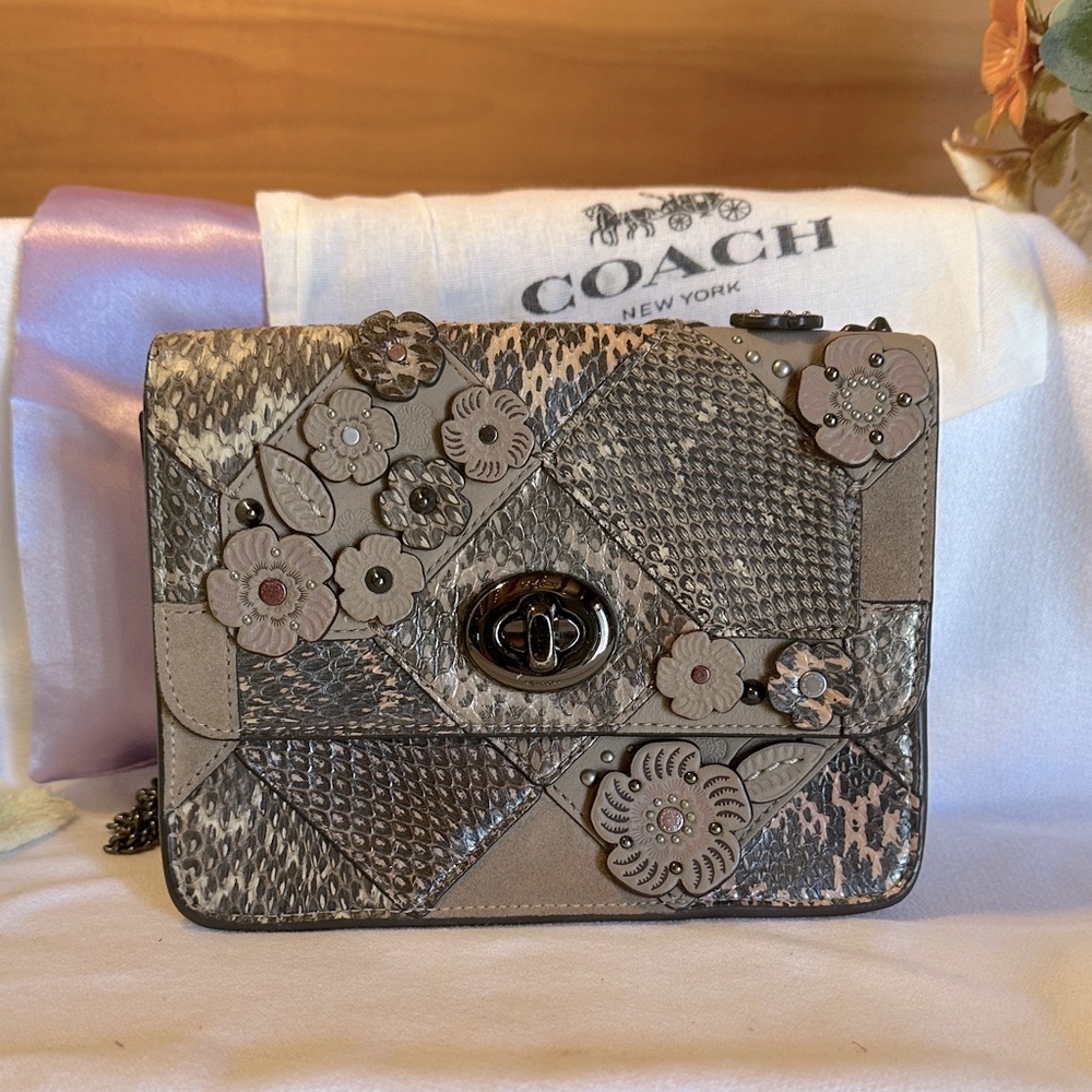 Coach 12071 Browery Crossbody Floral Applique Leather Patchwork & Snakeskin Bag